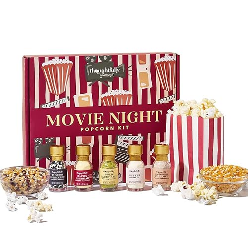 Thoughtfully Gourmet, Movie Night Popcorn Set, Includes Yellow and Mixed Popcorn Kernels, 10 Paper Bags, 5 Seasonings & Toppings