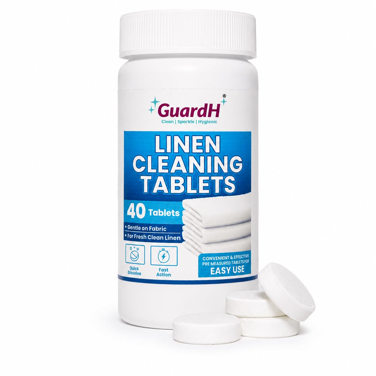 GuardH Linen Cleaning Tablets - 40 Count | Fast Dissolving, Gentle on Fabric | Removes Tough Stains & Odors | Easy-to-Use Laundry Booster