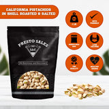 Presto Sales Pistachios In Shell California, 16 oz. | Premium Roasted Salted | Healthy, Natural, Vegan, Non-GMO | Resealable 1 lb. Bag by Presto Sales