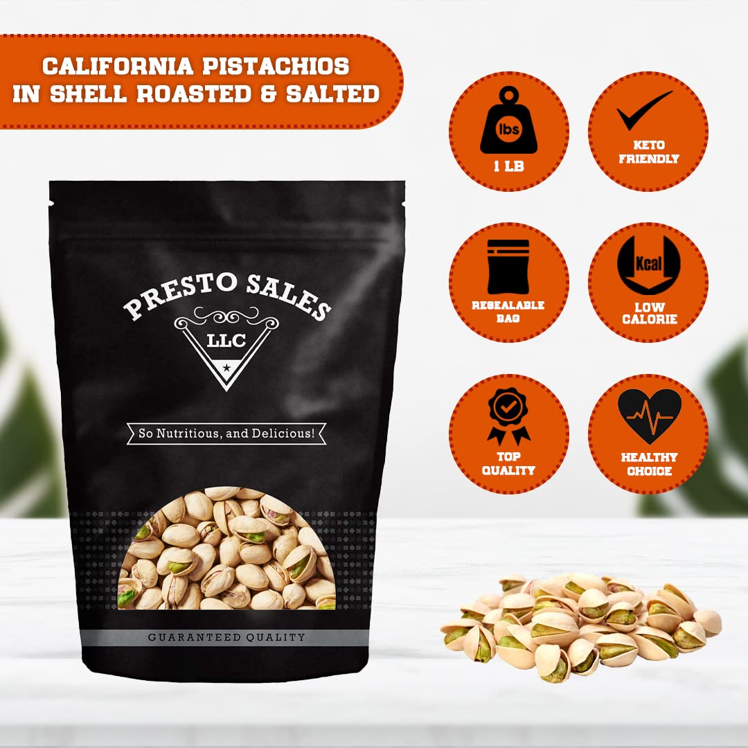 Presto Sales Pistachios In Shell California, 16 oz. | Premium Roasted Salted | Healthy, Natural, Vegan, Non-GMO | Resealable 1 lb. Bag by Presto Sales