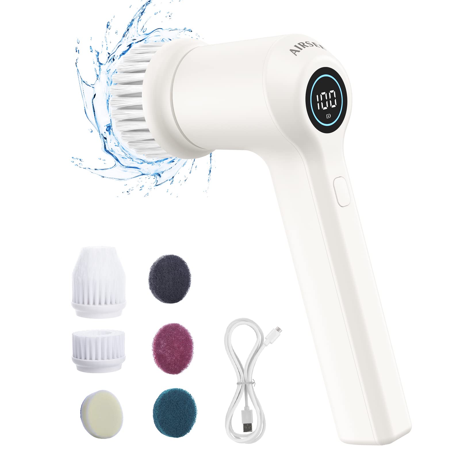 AIRSEE Electric Spin Scrubber, Cordless Power Rotating Brush, 2 Speeds, 6 Replaceable Brush Heads, Handheld Shower Bathroom Scrubber for Cleaning