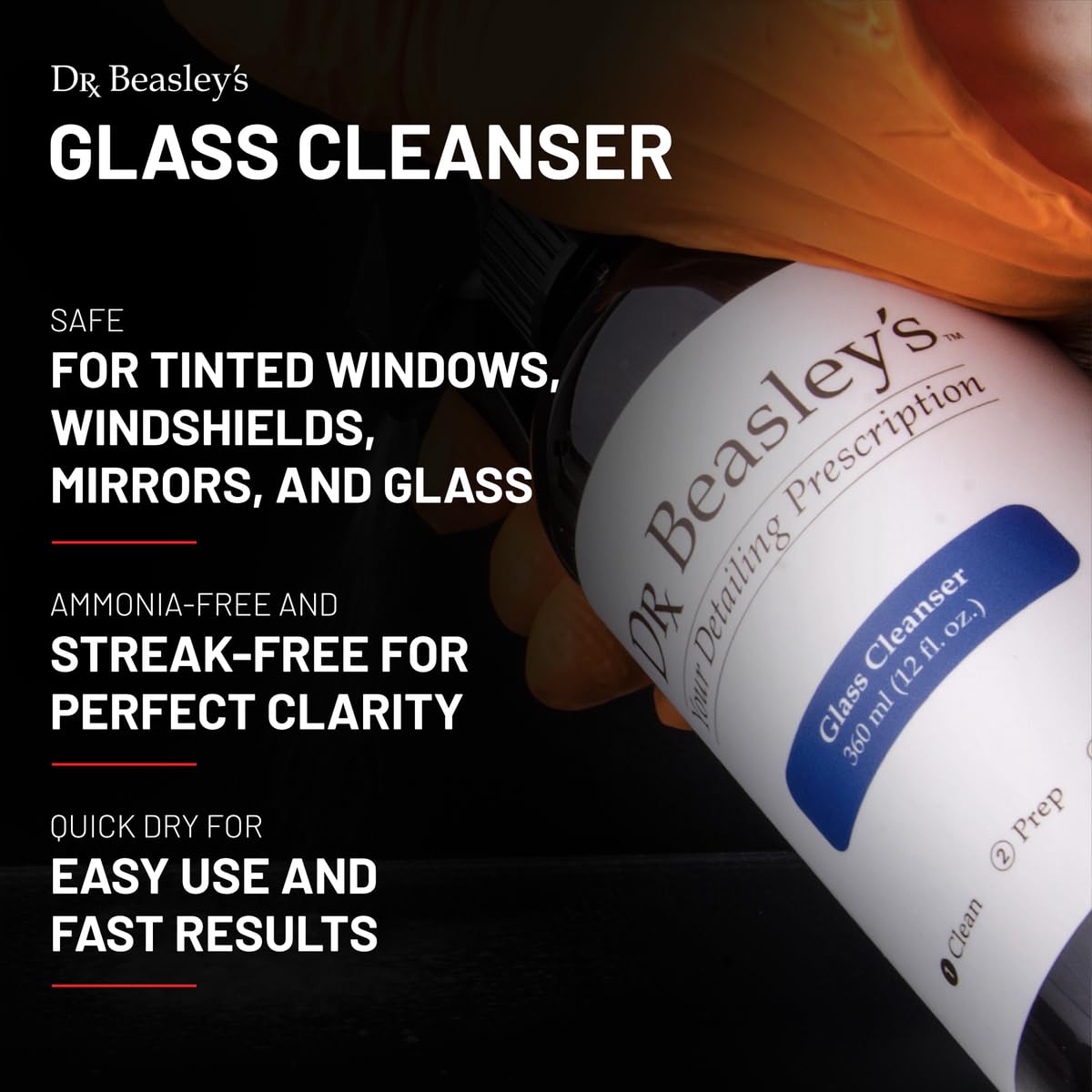 Dr. Beasley's Glass Cleanser for Autos - Extra Strength, pH Balanced, Cuts Through Messes, No Streaking or Residue, Enhanced Clarity, Fast Dry, 12 Fl