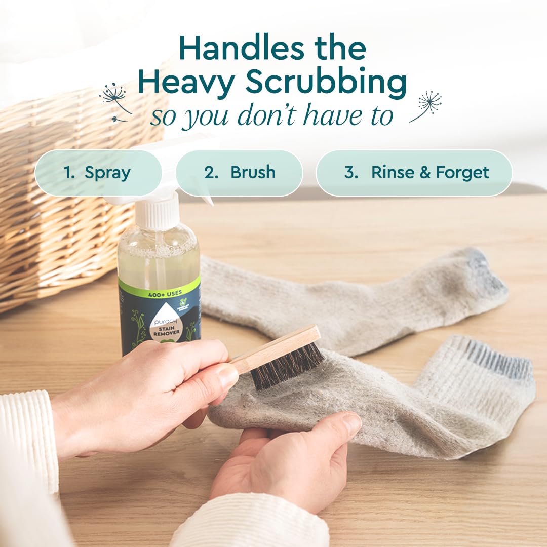 Puracy Laundry Stain Remover Brush for Tough, Deep, and Aged Clothing Stains, with Vegan Bristles for Safe and Effective Stain and Odor Elimination