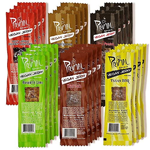 Primal Spirit Vegan Jerky - Sampler Pack, 10g. Plant Based Protein, Certified Non-GMO ("Classics" Thai Peanut, Mesquite Lime, Teriyaki, Hot & Spicy