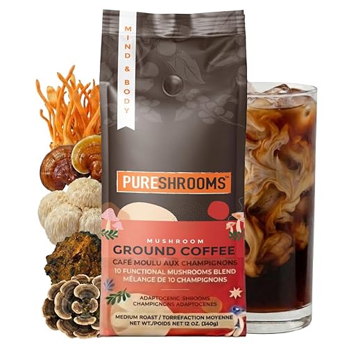 Mushroom Ground Coffee w/ 10 Organic Mushroom Extracts - King Trumpet, Agaricus Blazei, Willow Bracket, Lion's Mane, Chaga, Reishi, Cordyceps, Turkey