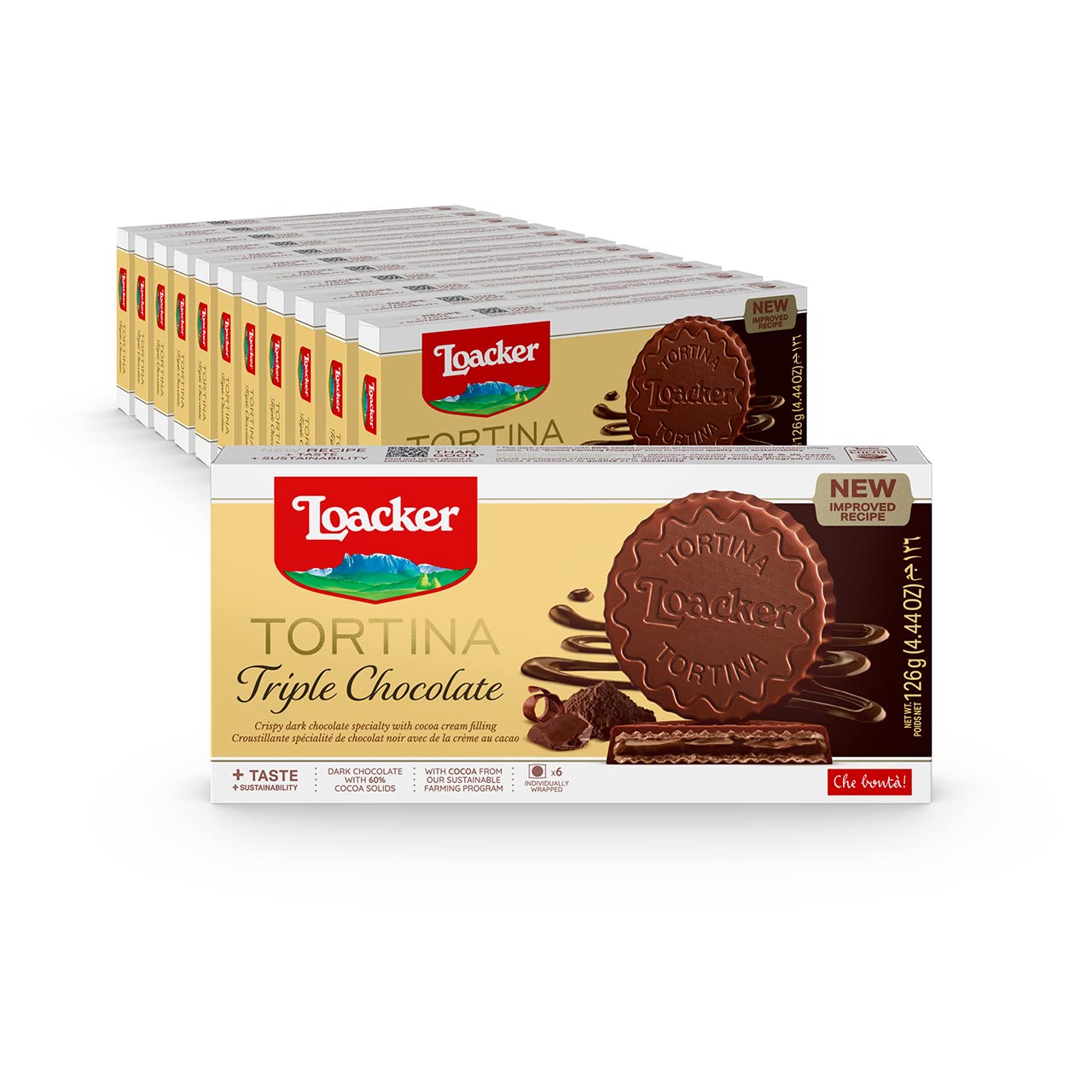 Loacker Tortina Triple Chocolate - Individually Wrapped Premium Dark Chocolate Enrobed Crispy Cocoa Wafer Tartlets with Cocoa Cream Filling - Pack