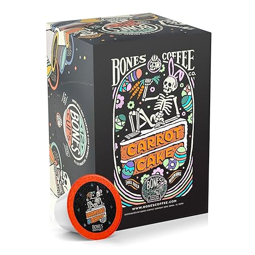 Bones Coffee Company Carrot Cake with Sweet Cream Cheese Flavored Coffee Pods, Low Acid Medium Roast Single-Serve Bones Cups, Compatible with 1.0