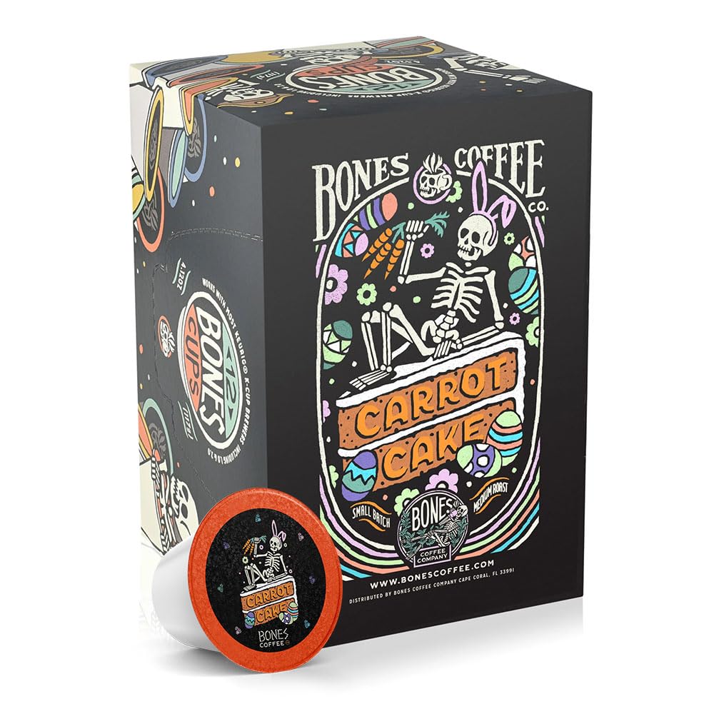 Bones Coffee Company Carrot Cake with Sweet Cream Cheese Flavored Coffee Pods, Low Acid Medium Roast Single-Serve Bones Cups, Compatible with 1.0