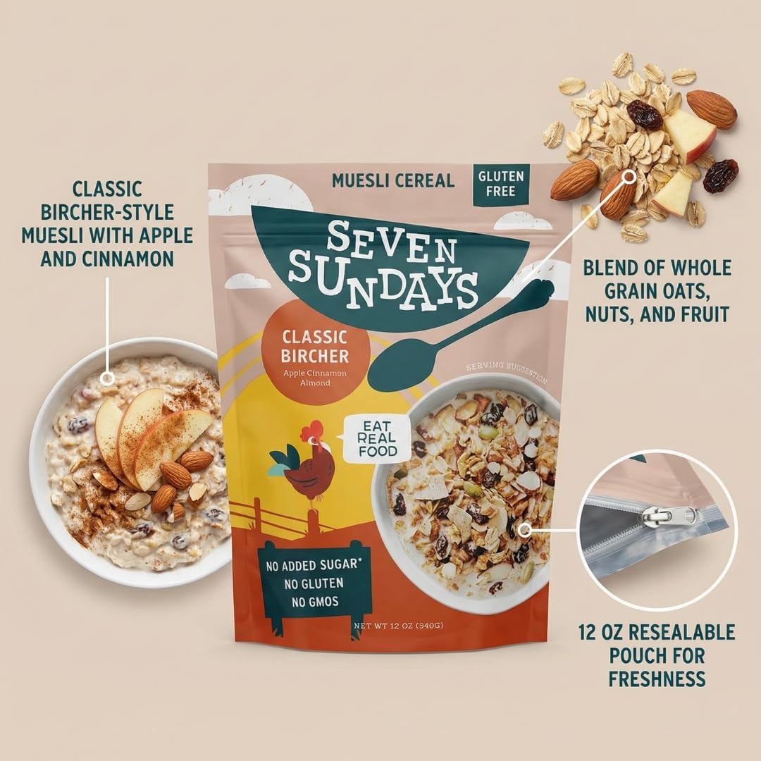 Seven Sundays Classic Bircher Apple Cinnamon Almond Muesli Cereal - 12 Oz Pouch - Pack of 1 - Seven Sundays Muesli Cereal Breakfast for morning