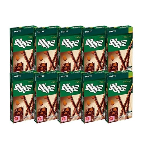Lotte Pepero Almond | 32g | 10 Boxes, Korean Snack, Korean Pocky, Chocolate Coating with Almond Crumbs, ???