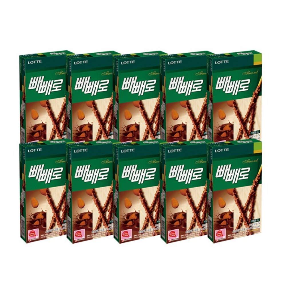 Lotte Pepero Almond | 32g | 10 Boxes, Korean Snack, Korean Pocky, Chocolate Coating with Almond Crumbs, ???