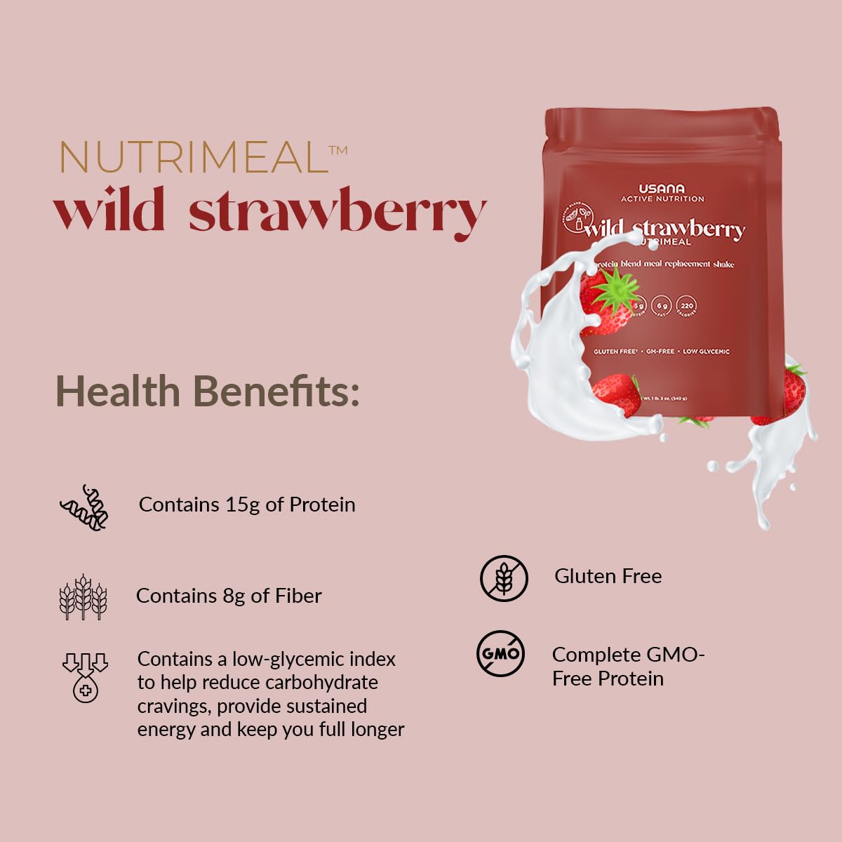 USANA Nutrimeal Meal Replacement Shake - Wild Strawberry - NON-GMO - Gluten Free - Low Glycemic - 540 Grams - 9 Servings