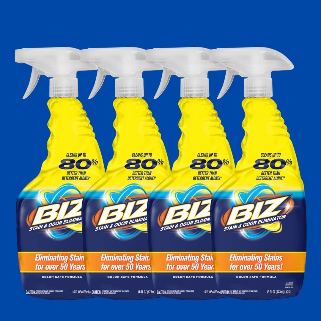 Biz Laundry Stain Remover Pre-Treat Spray, 16 oz Bottles (Pack of 4), Powerful Stain-Fighting Formula for Everyday Laundry