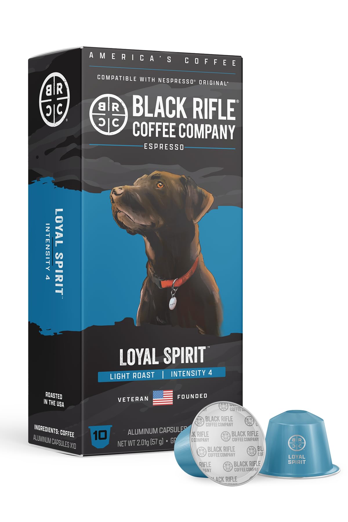 Black Rifle Coffee Company 30 Loyal Spirit Espresso Capsules - Light Roast, Nutty Citrus & Caramel, Nespresso® OriginalLine Compatible