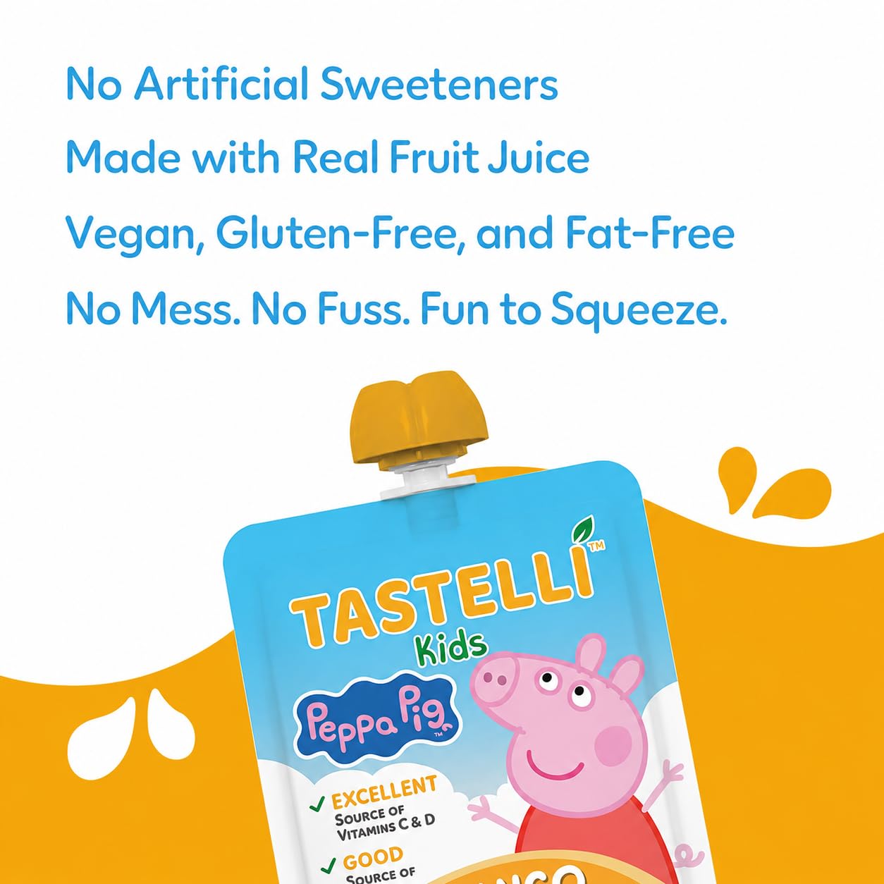 Tastelli Peppa Pig Kids Squeezy Fruit Gel - Mango Flavor - No Artificial Sweeteners or Flavors, Made with Real Fruit Juice, Fiber-Rich Prebiotic Gut