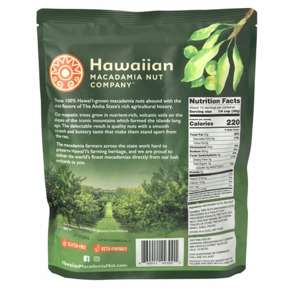 Hawaiian Macadamia Nut Company Premium Whole Kernel Macadamia Nuts, Dry Roasted with Sea Salt, 100% Hawai'i-Grown - Buttery Smooth Crunch, Sustainably