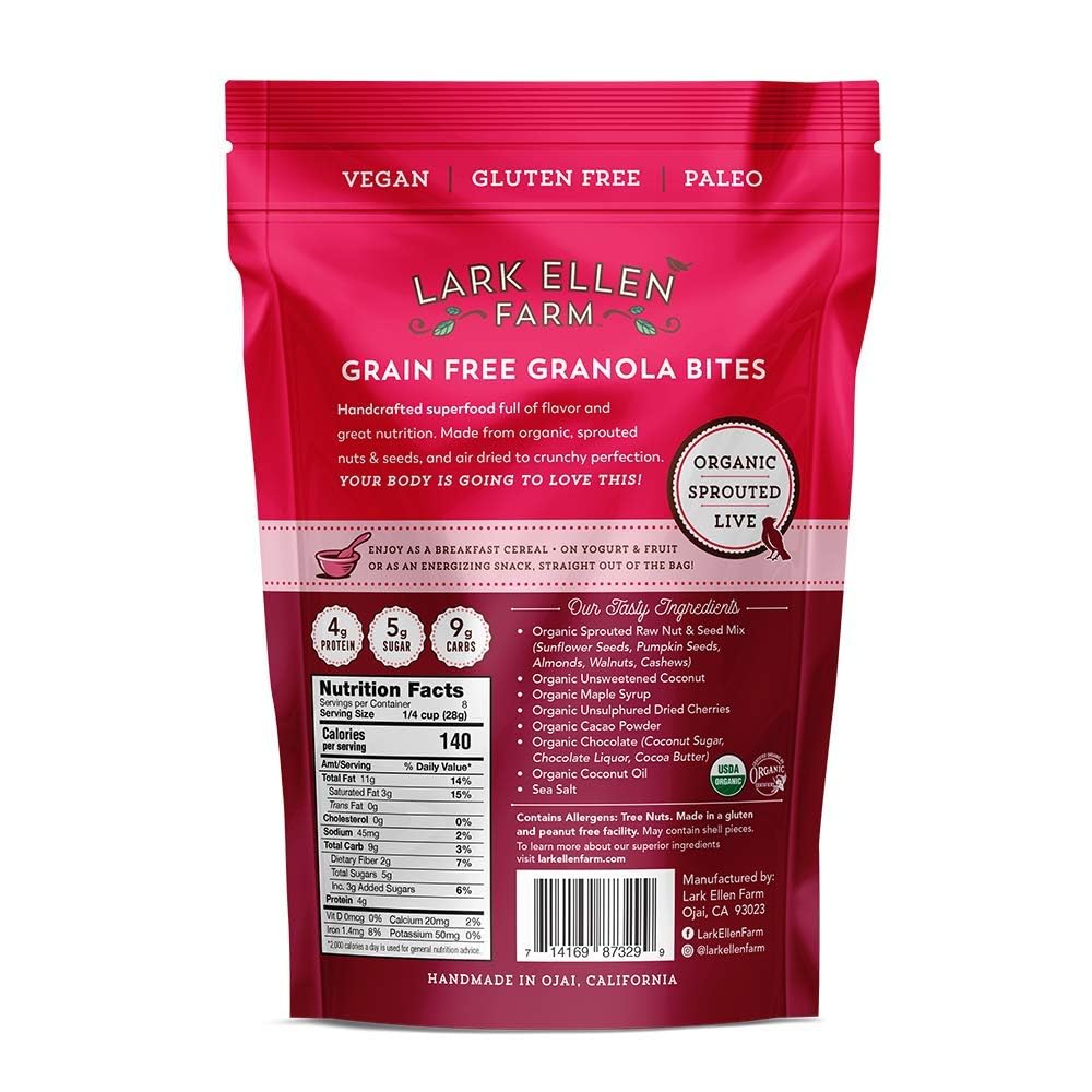 Lark Ellen Farm Cacao Cherry Grain-Free Granola Clusters, Organic Vegan Nut and Seed Mix, Gluten-Free Crunchy Bites for Snack, Breakfast, or Yogurt, 8