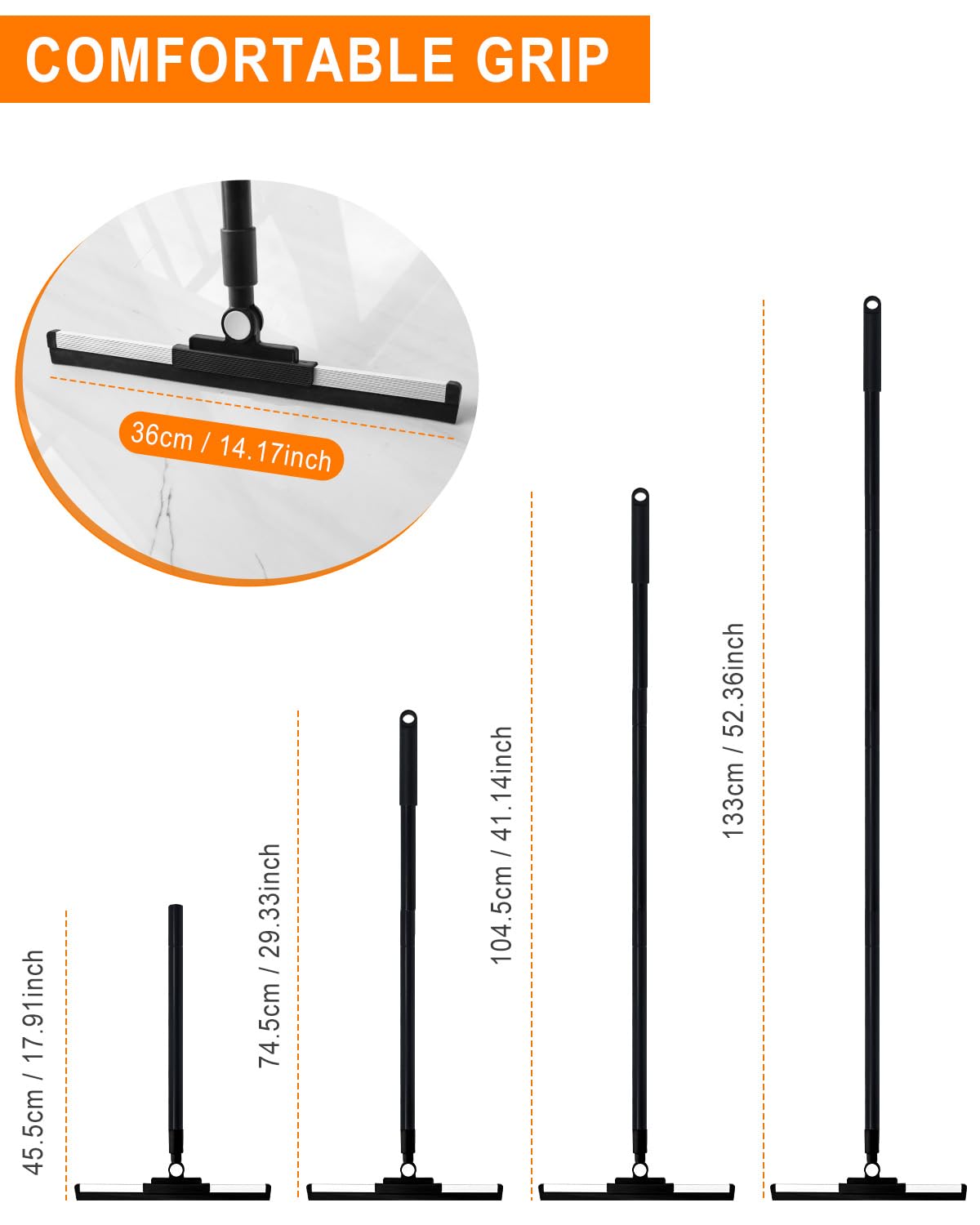 Qriveunet Heavy Duty Floor Squeegee for Concrete Floor- 14.2” Rubber Broom with Cloth Clip Design, 52” Extendable Window Cleaner, Squeegee Broom