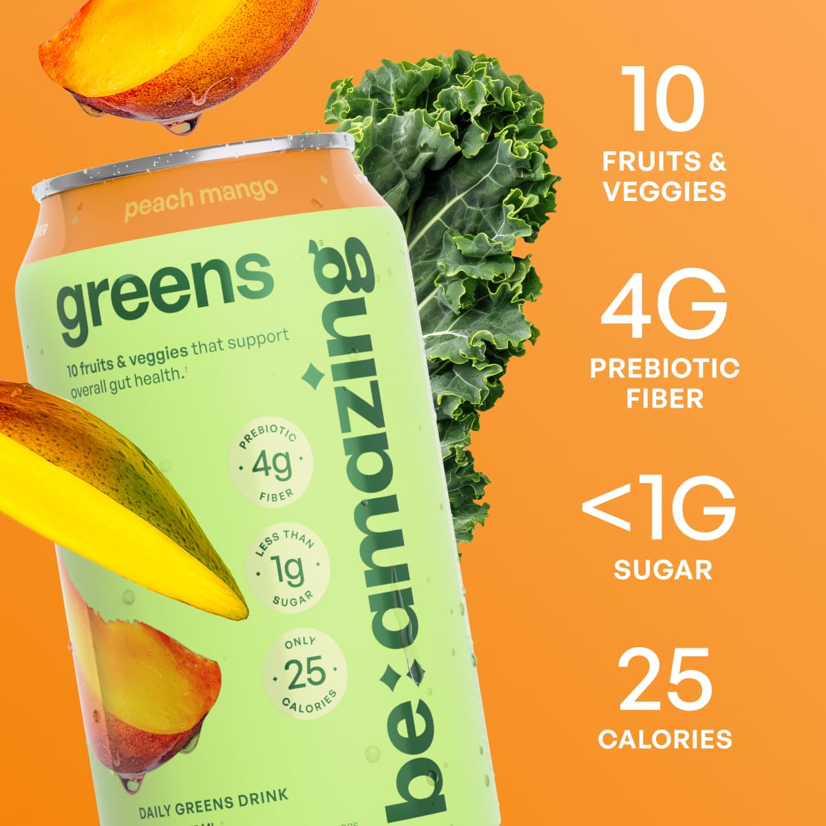 Be Amazing Greens Drink, Peach Mango, Ready to Drink, 10 Organic Fruits & Vegetables, Coconut Water, Vitamin C, Prebiotic Fiber, 25 Calories, Low