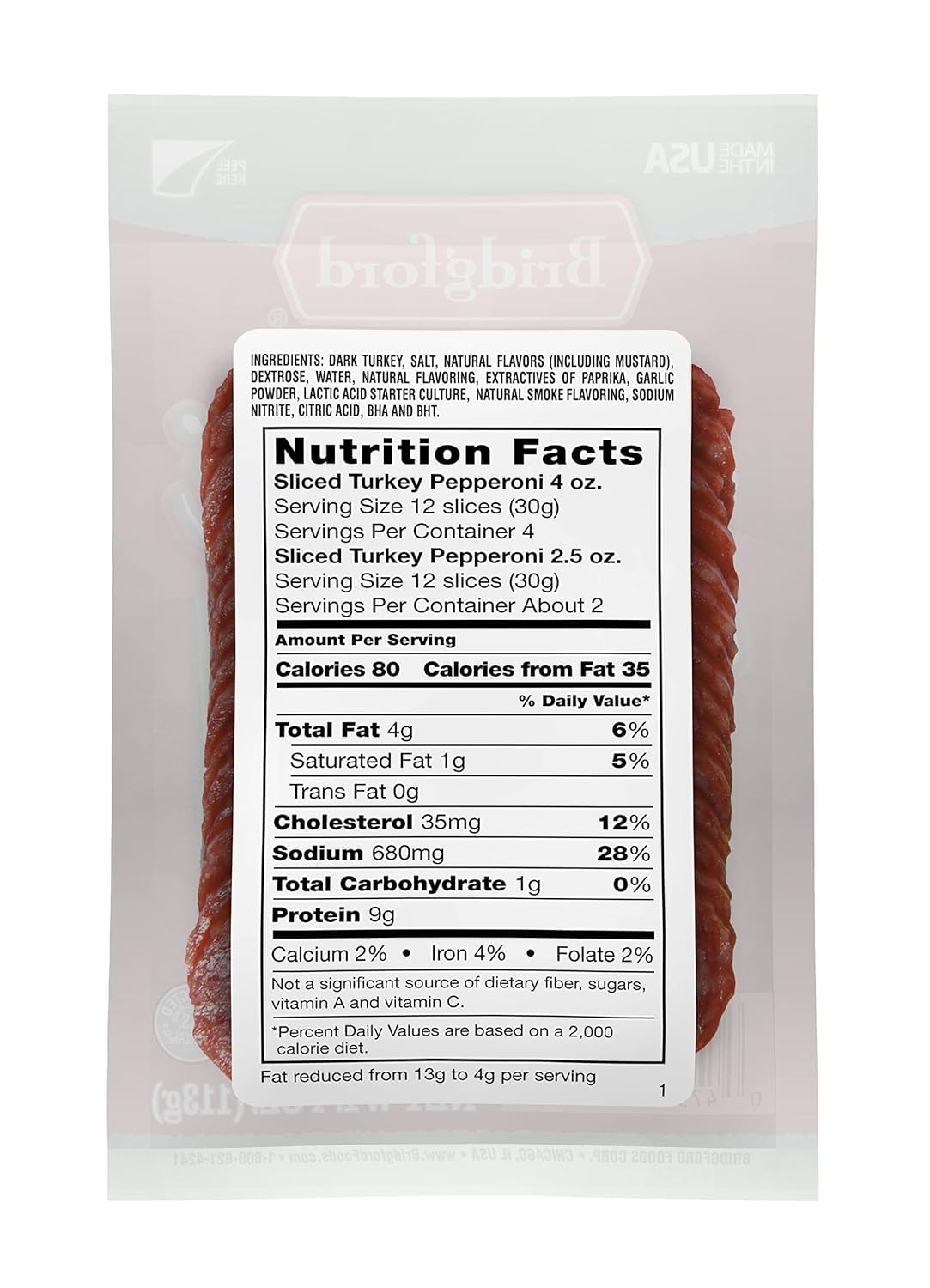 Bridgford Sliced Turkey Pepperoni 4 oz Pack of 3 - Pepperoni Slices for Pizza and Sandwiches - Protein-Rich Naturally Smoked Slices for Low-Carb Keto