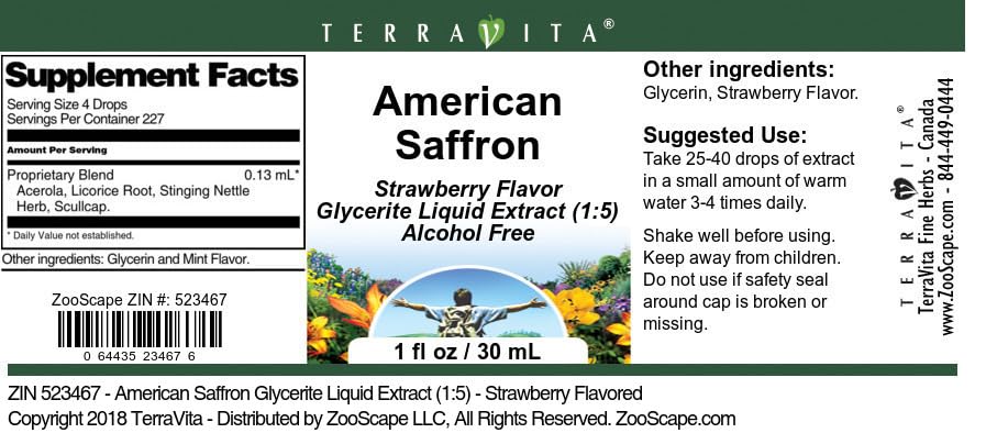American Saffron Glycerite Liquid Extract (1:5) - Strawberry Flavored (1 oz, ZIN: 523467)
