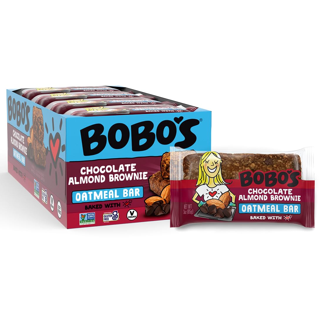 Bobo's Chocolate Almond Brownie Oat Bars, Simple Ingredients, Whole Grain Oats, Plant Based, Gluten Free Breakfast Bars, Non-GMO, Healthy Snacks