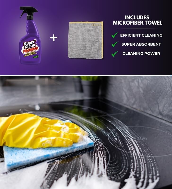 Super Clean Citrus Scent Foaming Cleaner and Degreaser Spray 32 oz Bundle with Microfiber Cloth - Heavy Duty Degreaser for Kitchen, Oil, Grime
