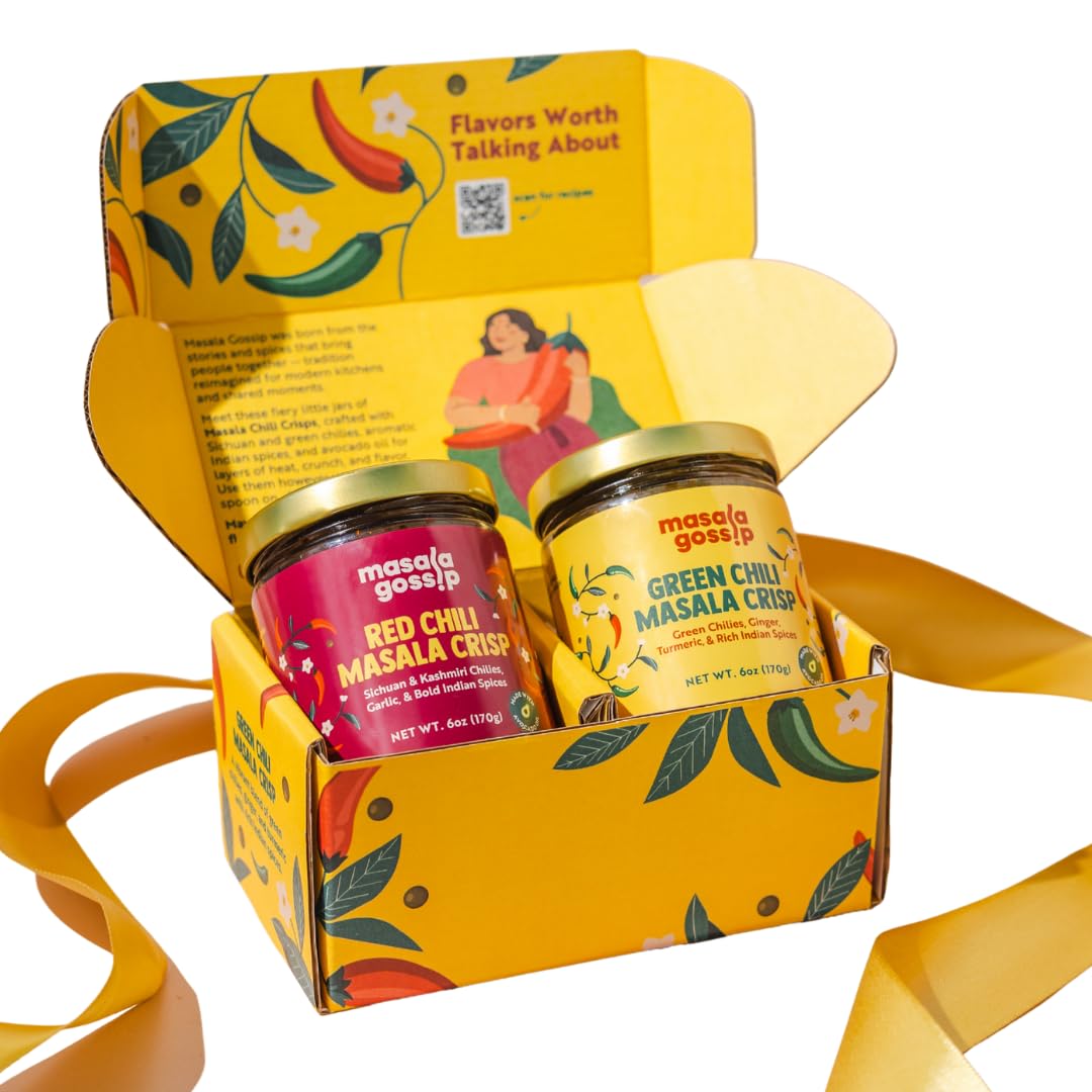 Masala Gossip Red & Green Chili Crisp Holiday Gift Set - Crunchy Chili Oil Bundle with Garlic, Shallots & Indian Spices - Drizzle on Noodles, Toast
