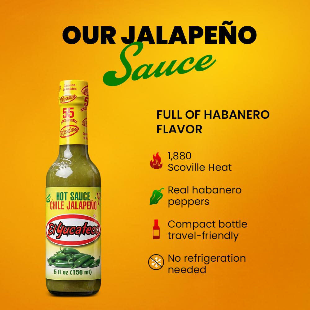 El Yucateco Jalapeño Hot Sauce, Authentic Mexican Green Jalapeo Pepper Sauce, Mild Heat, 5 fl oz, Pack of 1