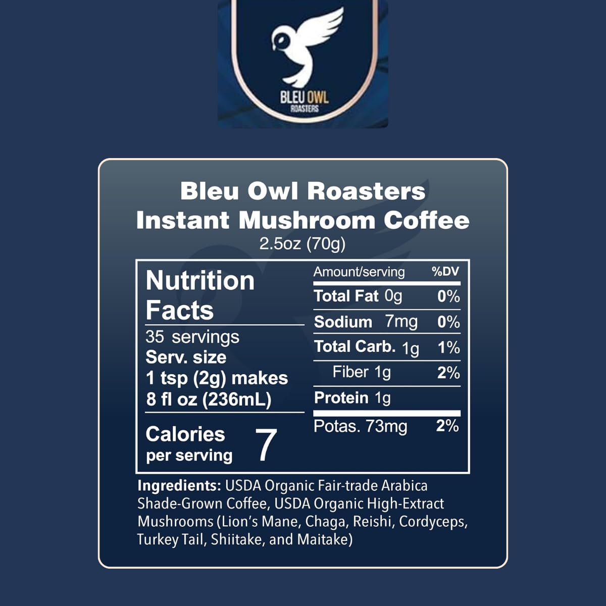 Bleu Owl Instant Organic Mushroom Coffee - 7 Superfood Mushrooms for Gut Health Energy & Clarity - Arabica 35 servings, 2.5oz. - Lion’s Mane Chaga