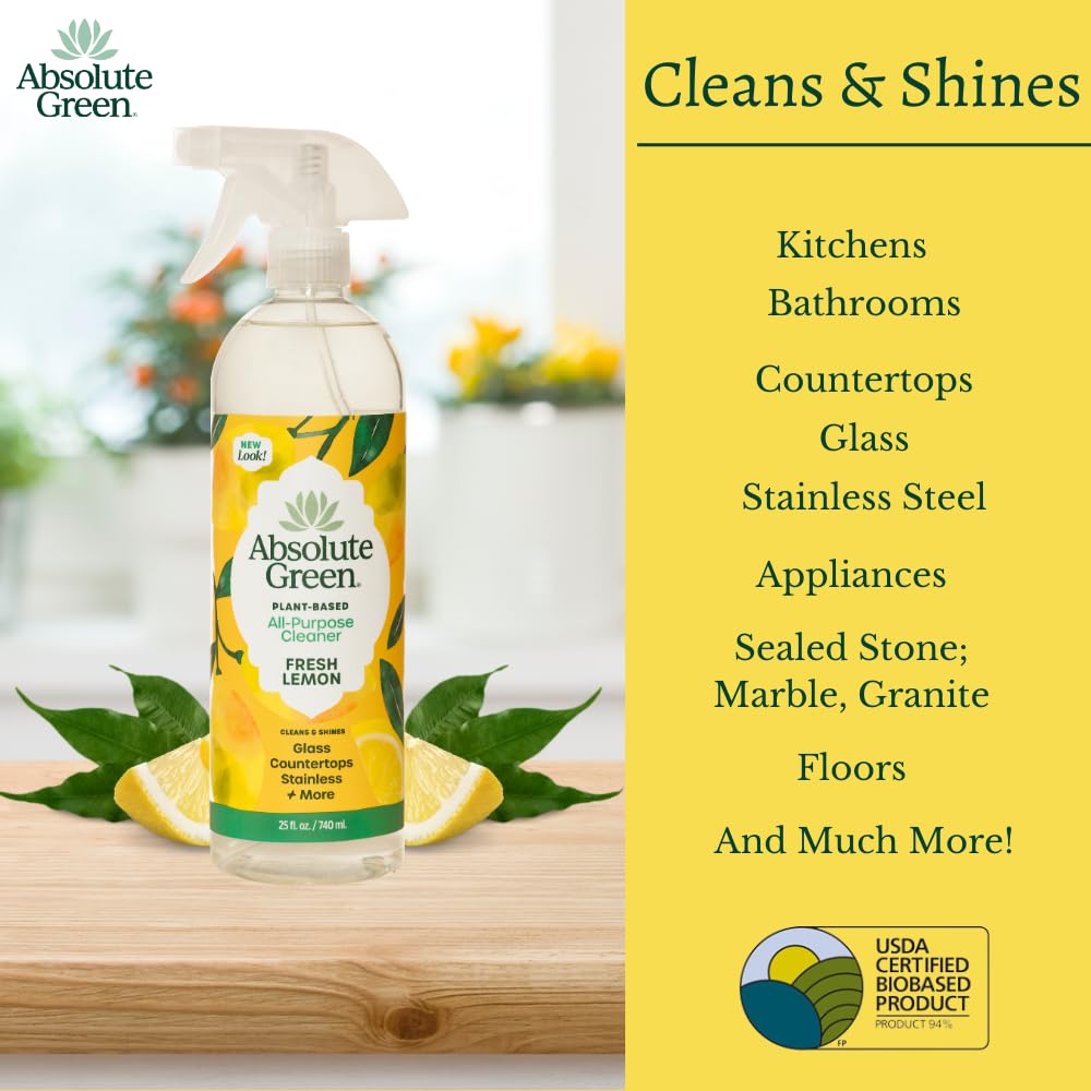 Absolute Green All Purpose Cleaner Spray, Non-Toxic, Kitchen, Bath, Countertop, Stainless, Safe around Kids + Pets, Natural Lemon Scent, 25 oz (6