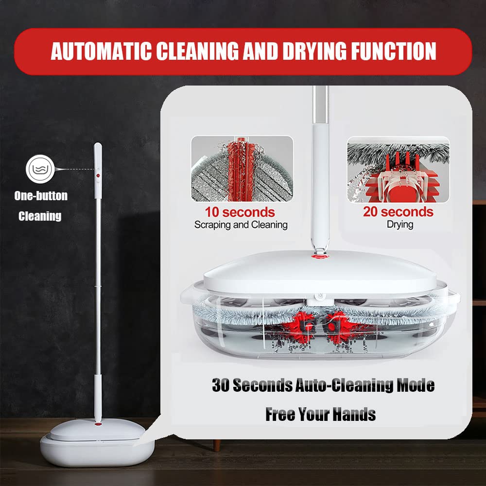 REECOO Cordless Electric Spin Mop Power Mop with 4 Floor Scrubber Pads/Automatic Cleaning Bucket/Water Sprayer,Lightweight & Rechargeable,Suitable