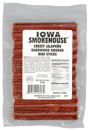 Iowa Smokehouse Cheesy Jalapeno Beef Sticks Hardwood Hickory Smoked Meat Sticks 8.75 Ounce (12 Sticks)