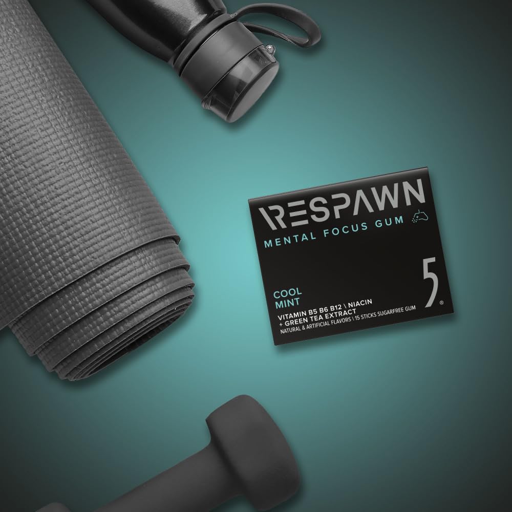RESPAWN by 5 GUM Mental Focus Gum, Cool Mint Sugar Free Chewing Gum, 15 Sticks