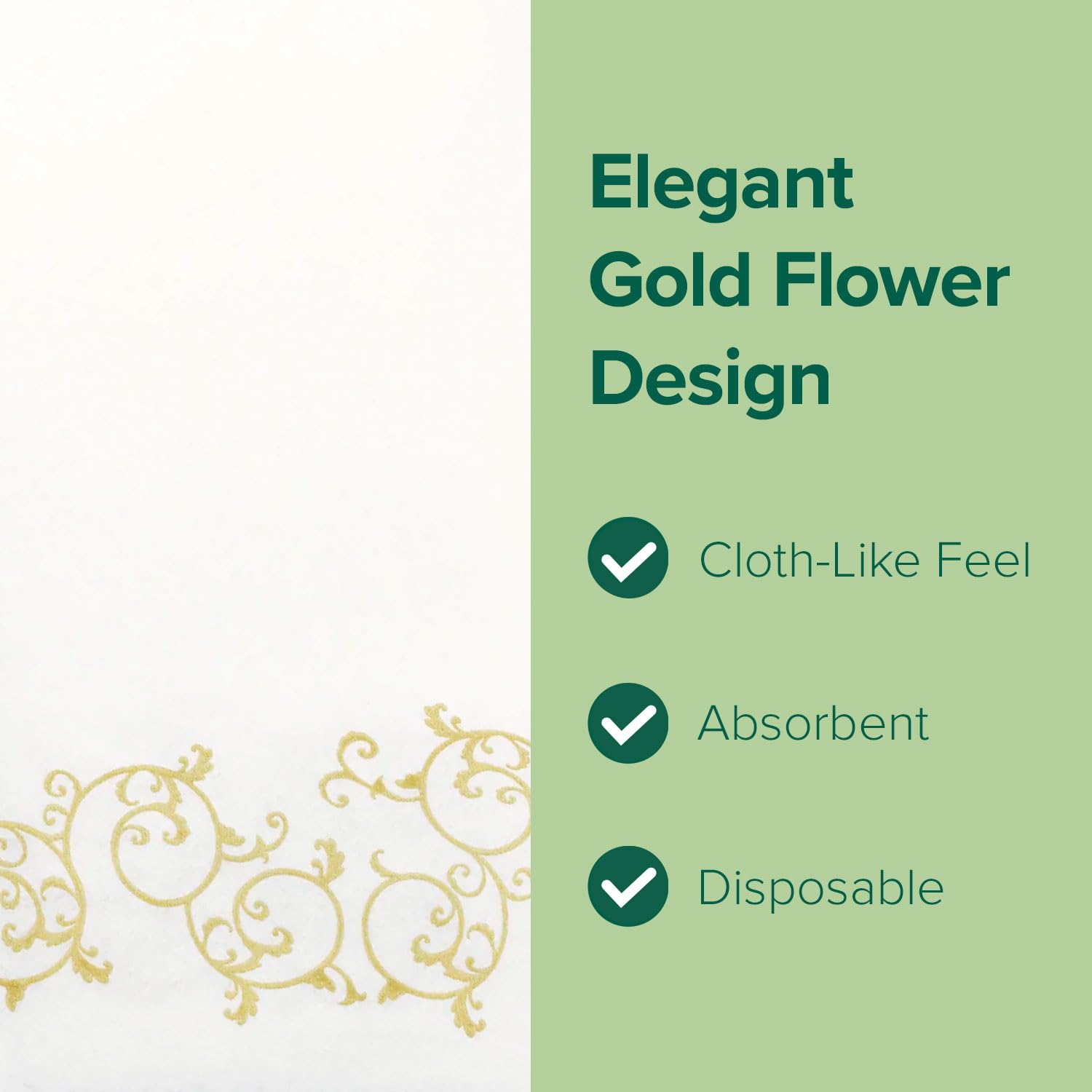 SimuLinen Gold Floral Disposable Linen Feel Bathroom Paper Towels - Soft, Cloth-Like, Single-Use, 12"x17" 500ct (Made in USA)