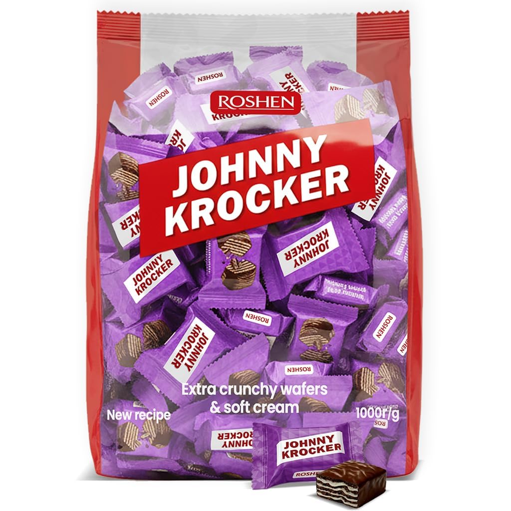 Roshen Johnny Krocker Dark Cocoa Wafers - 2.2 lb (1kg) Bulk Pack of Individually Wrapped Extra Crunchy Cocoa Wafers with Soft Milky White Cream