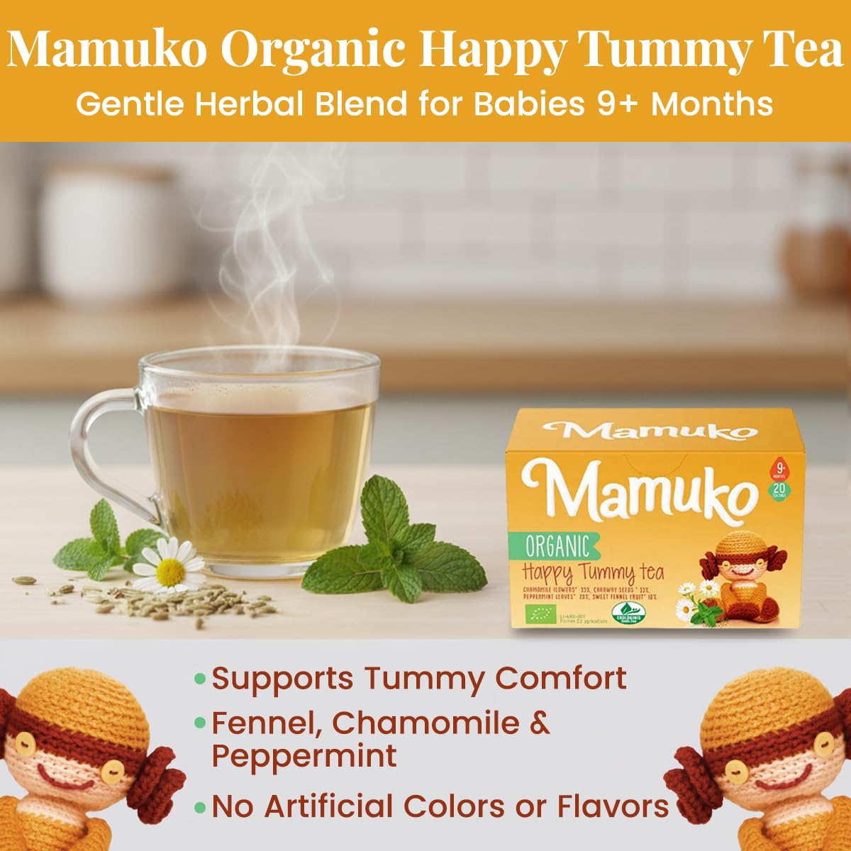 MAMUKO Organic Happy Tummy Tea for Babies - Tea for Bloating & Gas - Stomach Relief with Natural Ingredients & Flavor for 9-Months Plus