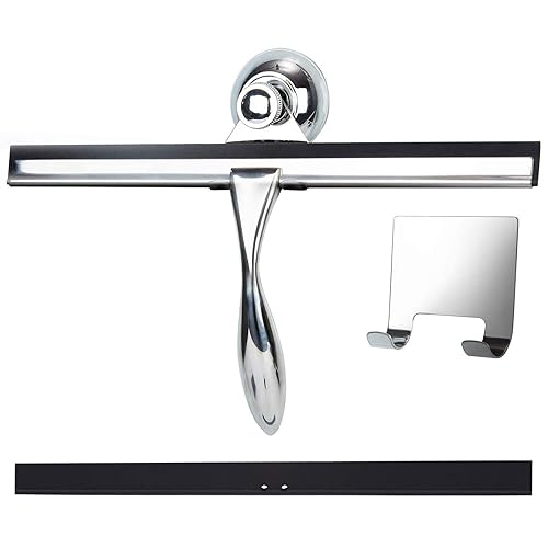 K Kwokker 12 Inch Squeegee for Shower, Shower Squeegee with Suction Cup Hooks, for Glass Door Marble Mirror Bathroom, Chrome Plated Stainless Steel