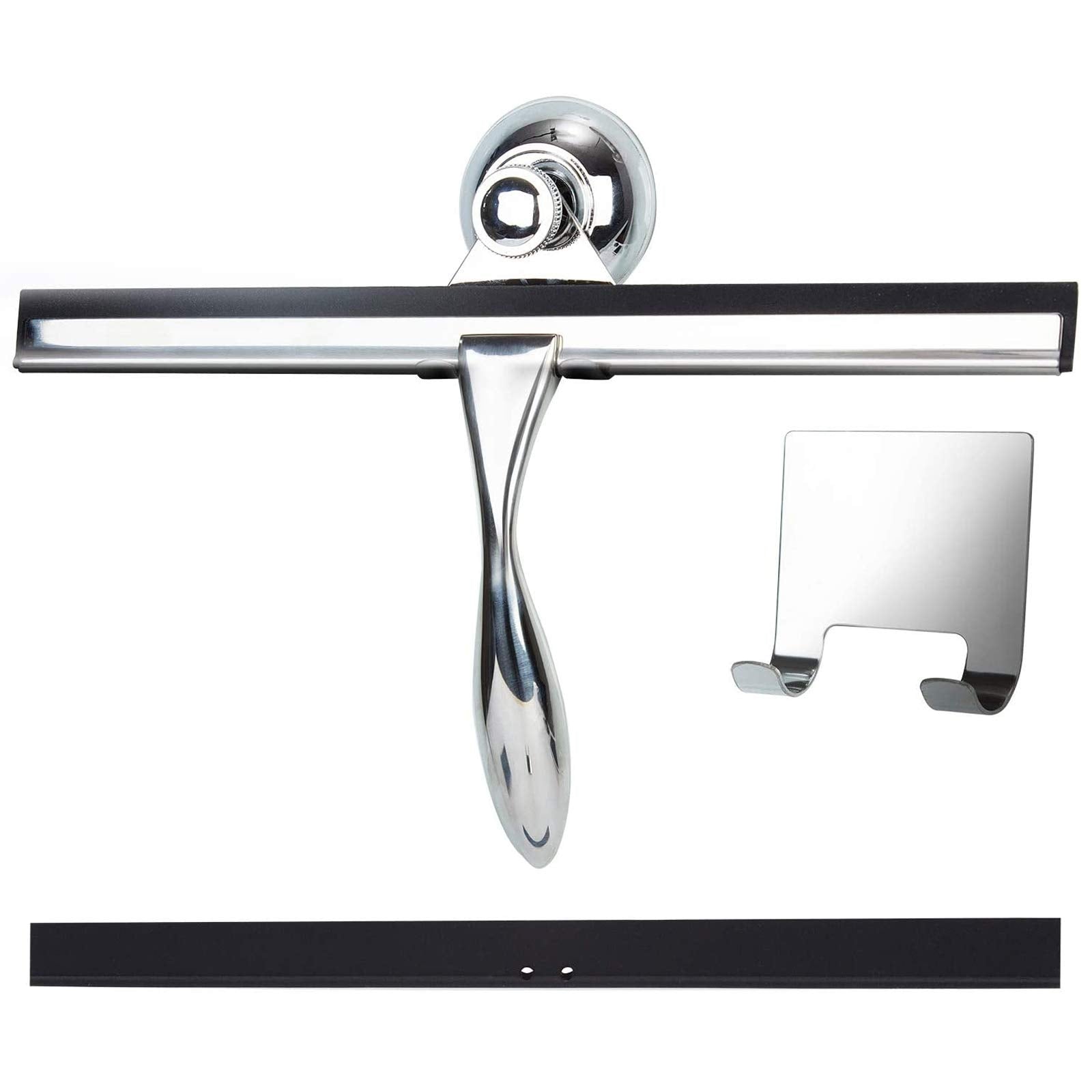K Kwokker 12 Inch Squeegee for Shower, Shower Squeegee with Suction Cup Hooks, for Glass Door Marble Mirror Bathroom, Chrome Plated Stainless Steel