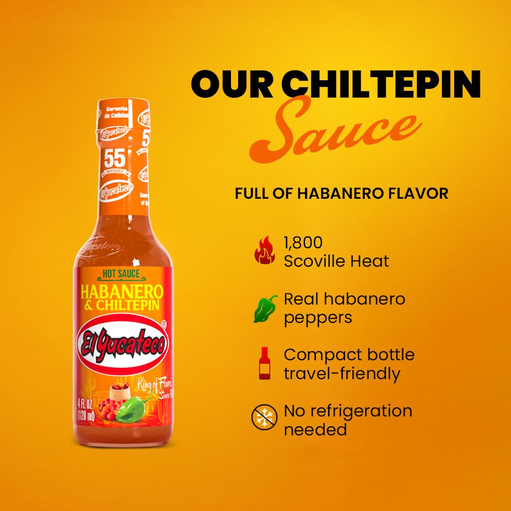 El Yucateco Habanero Chiltepin, Hot Sauce, Authentic Mexican Chile Habanero Sauce, 4 fl oz (120 ml), Gluten Free (Pack of 2)