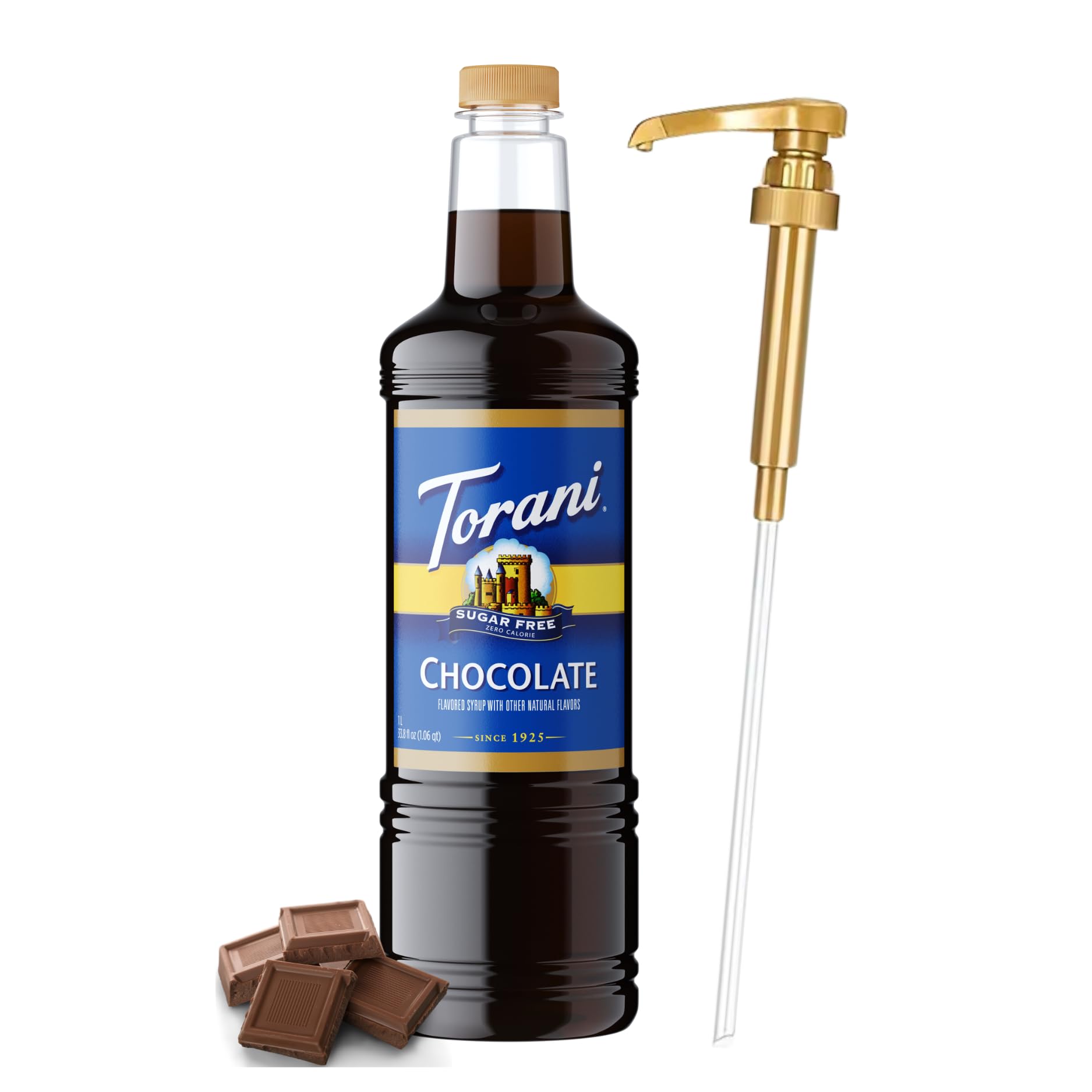 Torani Sugar Free Chocolate Syrup 1 Liter Bottle with Pump Dispenser - Zero Sugar, Zero Calories, Keto Friendly, Gluten Free Chocolate Flavor