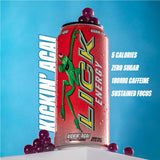 LICK Energy Drink - Kickin' Acai, Zero Sugar, No Crash, Green Tea Caffeine (180mg), with Antioxidants and Vitamins A, B6, B12, and C 16oz (12pk)