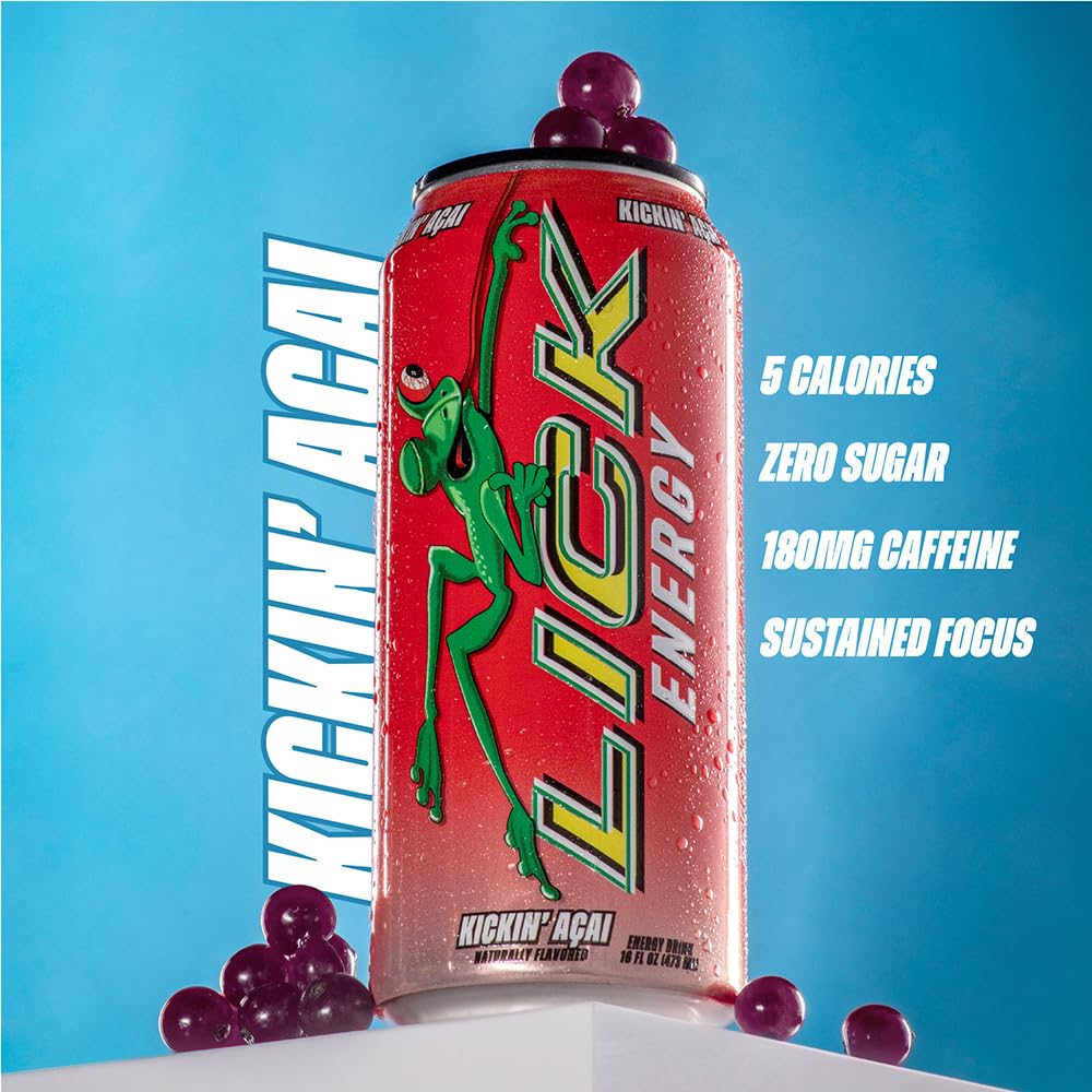 LICK Energy Drink - Kickin' Acai, Zero Sugar, No Crash, Green Tea Caffeine (180mg), with Antioxidants and Vitamins A, B6, B12, and C 16oz (12pk)