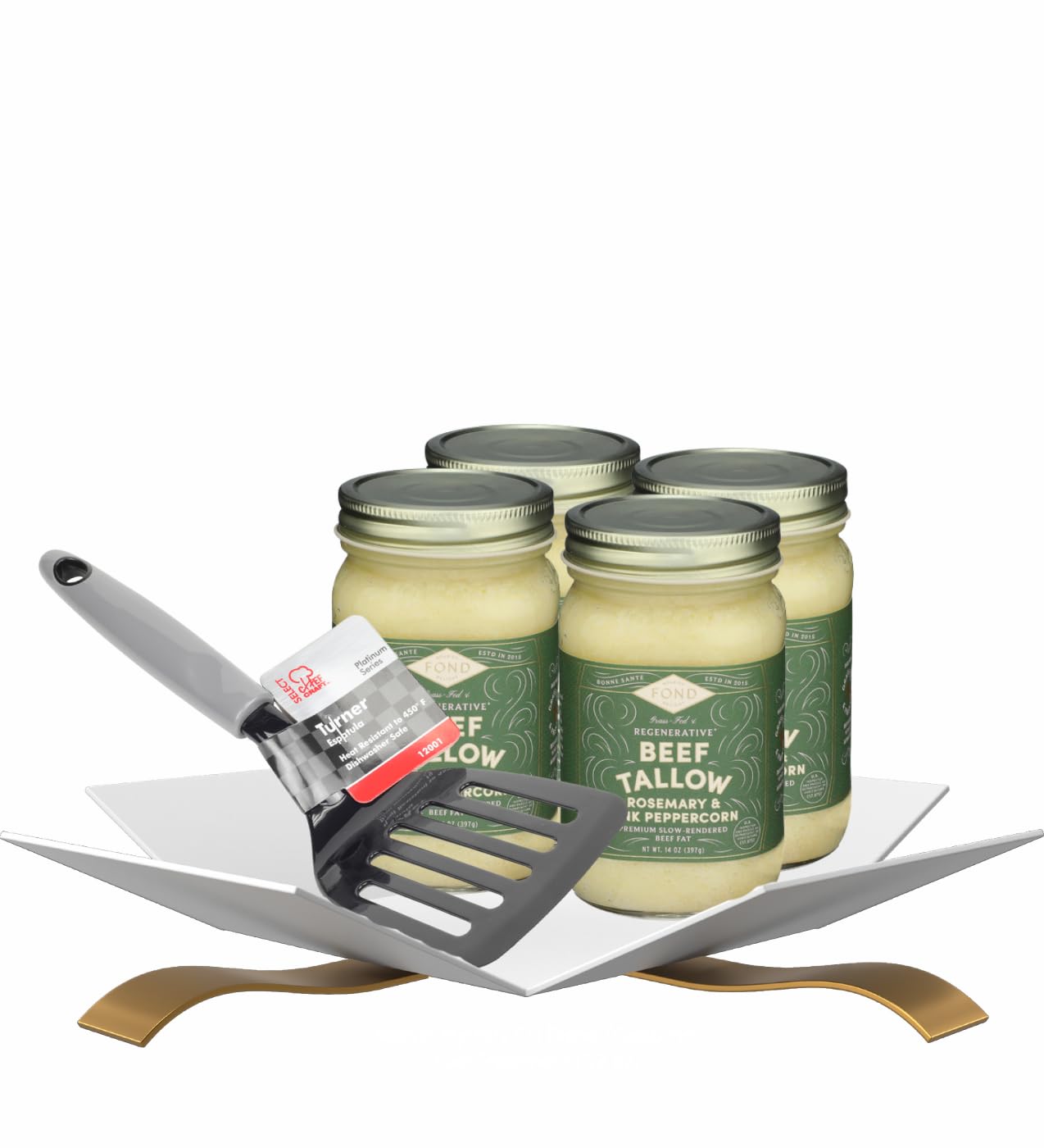 4x Beef Tallow Rosemary Pancetta 14 oz Bundle with Nylon Slotted Turner - Organic Beef Tallow for Cooking Rich Savory Cooking Fat and Silky Rendered