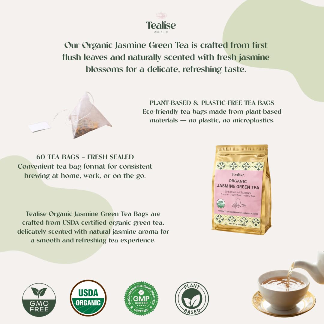 Organic Jasmine Green whole Leaf Pyramid Tea Bags - USDA Organic, Plant-Based & Plastic-Free Tea Bags, Smooth Floral Green Tea, 60 Count by Tealise