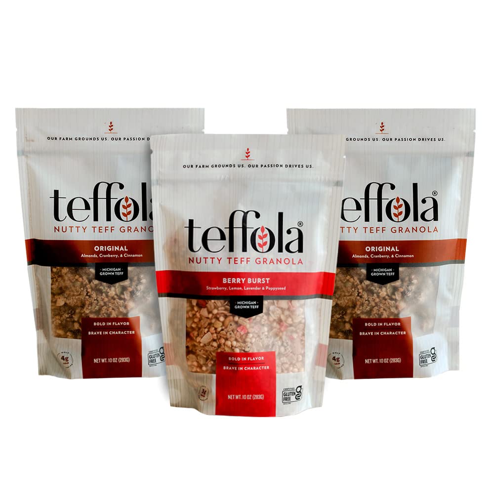 TEFFOLA Variety Pack Teff Granola | 3 Pack | Original, Berry Burst, Chocolate Charm | 3-4g Sugar per serving | Gluten Free Certified and Low Sugar |
