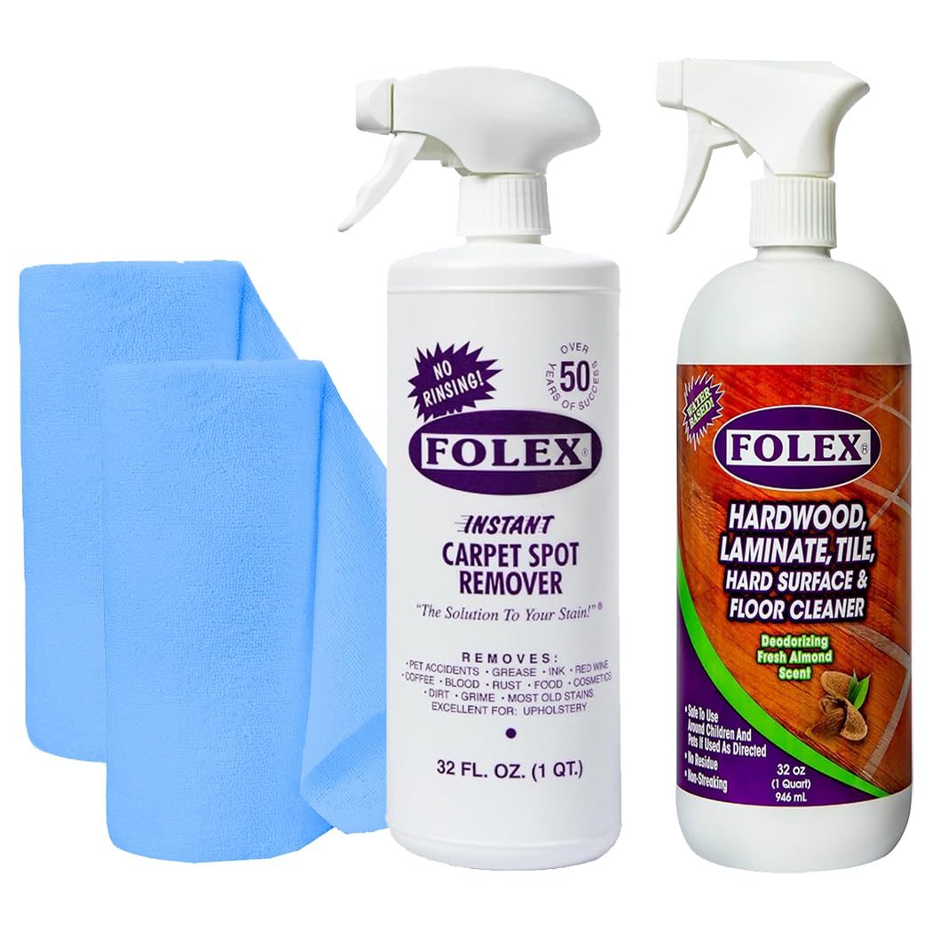 FOLEX Carpet Spot Remover & Hardwood/Floor Cleaner Bundle - Removes Pet Stains, Grease, Red Wine, Food & More - Bundle of Two 32 oz Bottles + 2