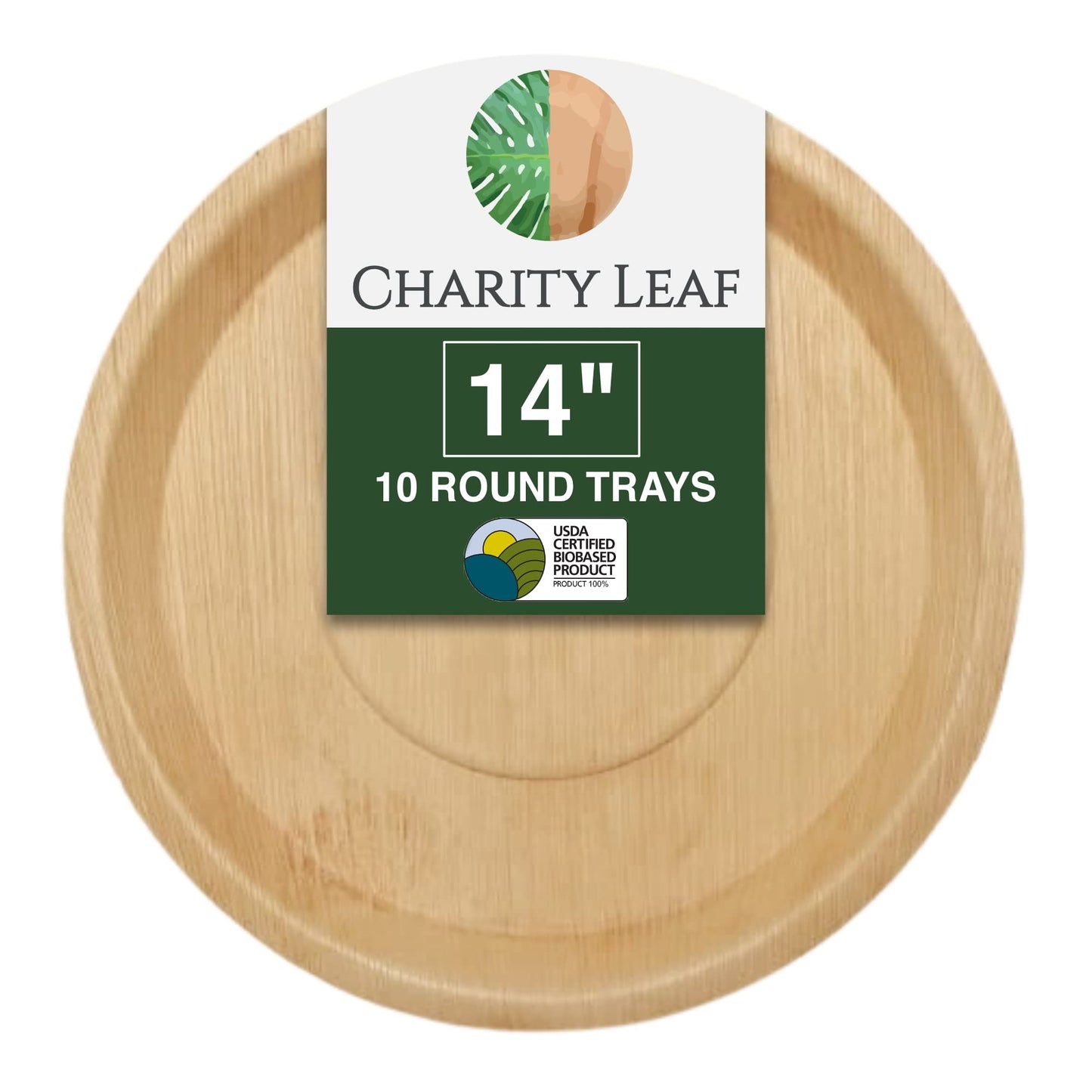 Charity Leaf Disposable Palm Leaf 14" Round Trays (10 pieces) Bamboo Like Serving Platters, Disposable Boards, Eco-Friendly Dinnerware For Weddings