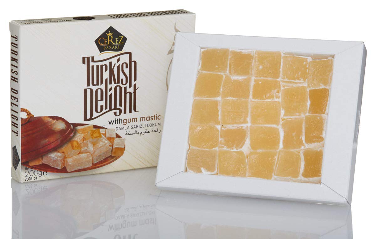 Cerez Pazari Turkish Delight with Fantastic Gum Mastic 7 oz Gourmet Small Size Snacks Gift Box | No Nuts Sweet Luxury Traditional Confectionery Vegan
