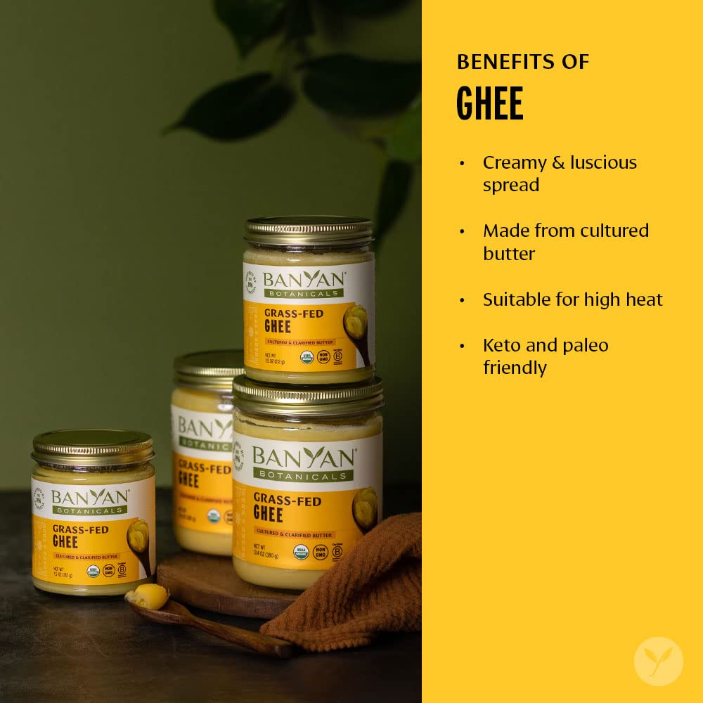 Banyan Botanicals Grass-Fed Ghee - Original Cultured Organic Ghee (Clarified Butter) - Tasty Oil & Butter Alternative for Cooking & Baking - 13.4 oz
